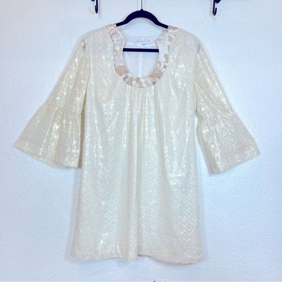 Trina Turk Bonita Gold Shimmer Bell Sleeve Shift Dress in Whitewash size 12 - Picture 6 of 15